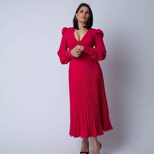 Peach Long Dress, pleated with plunging neckline